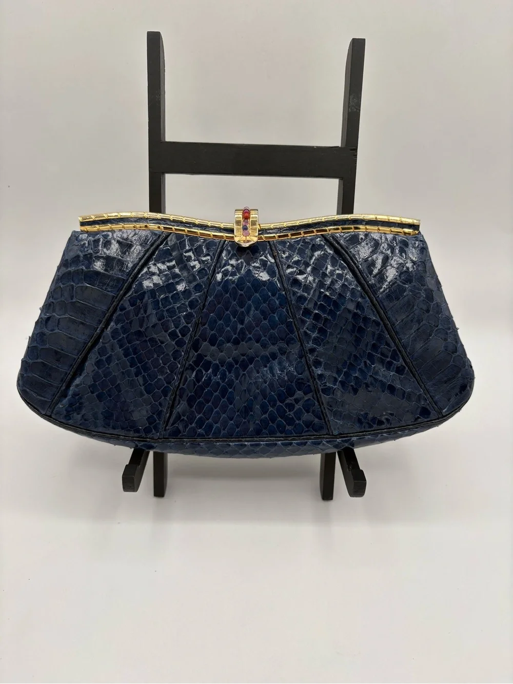 Vtg JUDITH LEIBER Snakeskin Leather Clutch Bag Small Navy Gold Multi Stones RARE